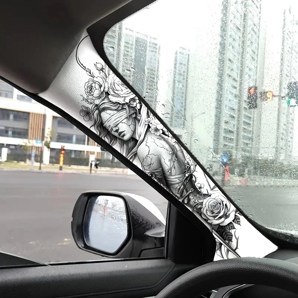 Conjunto de Adesivos para Interior de Carro em Duas Peças, Padrão Deusa Libra, Tecido Elástico, Autoadesivo, para Decorar os Pilares A do Carro.