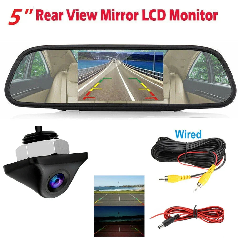 5 inch LCD Rear View Mirror Monitor Reversing Backup Camera Kit for Car MPV RV SUV Parking Easy Installation