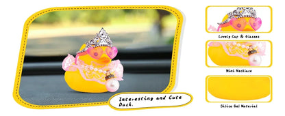 Decoração de painel de carro de pato de borracha, ornamento de carro de pato com coroa saia de renda rosa colar óculos para acessórios de carro fofos