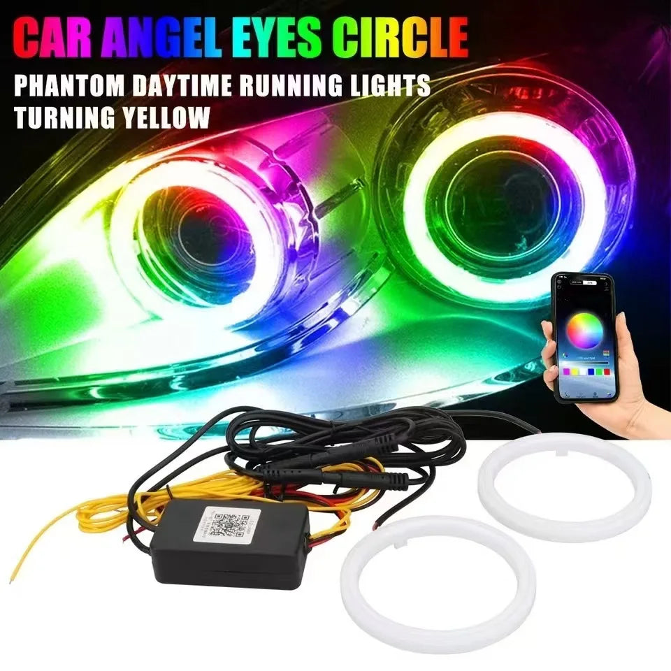 2PCS RGB Angel Eyes Halo Rings Lights with Turn Signal Lights APP Bluetooth LED Motorcycle Retrofit DRL Car Headlight 12V 24V