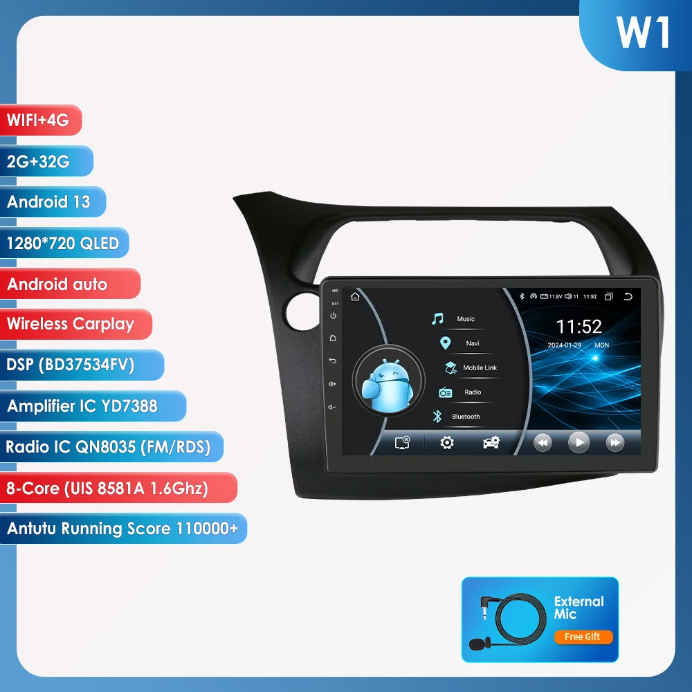 Hizpo Car Autoradio For Honda Civic Hatchback 2005 - 2011 Multimedia Player 2din Android Auto Carplay GPS Navigation 8+128G DSP