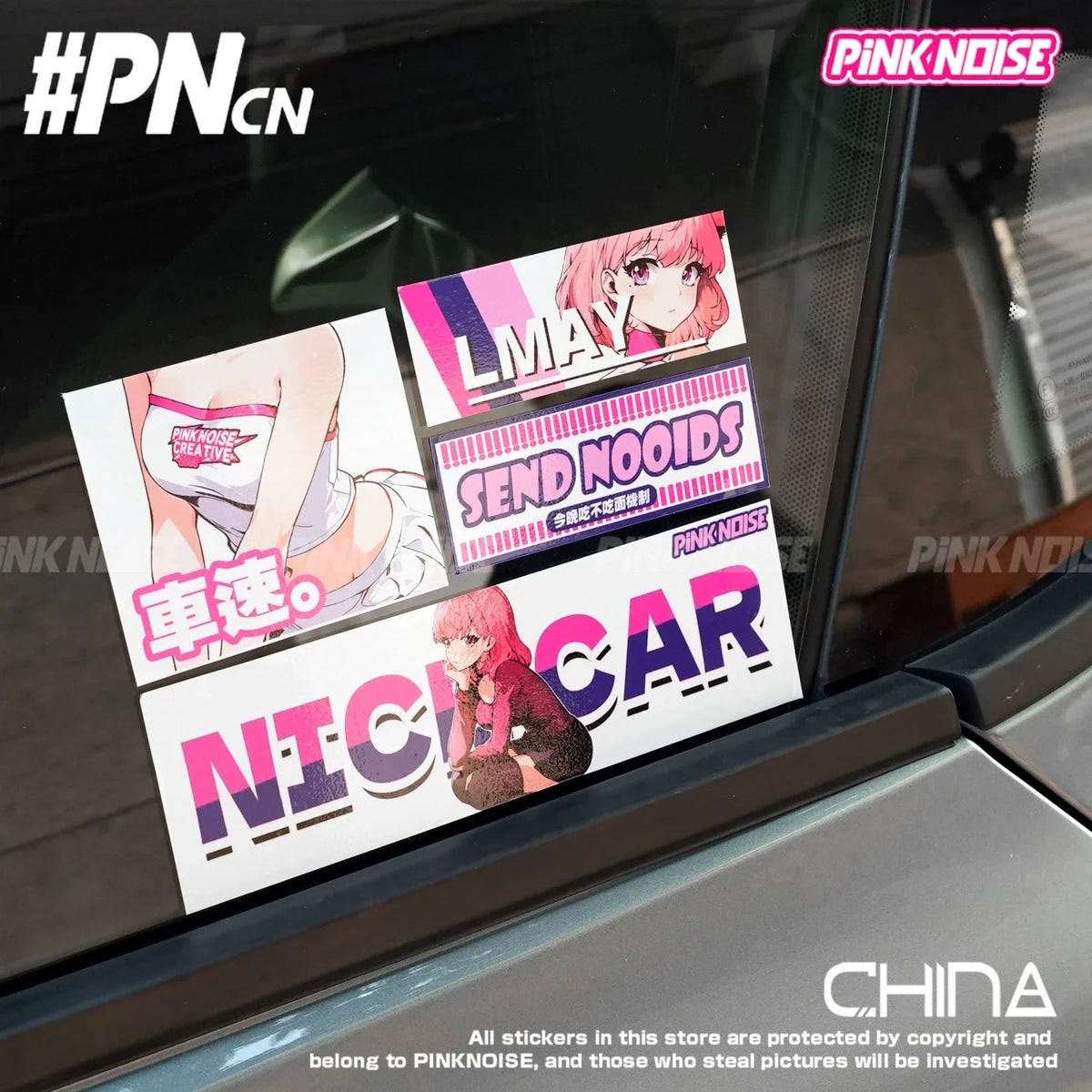 Adesivo de Vinil PVC à Prova d'Água com Tema de Anime e Carro, Estilo JDM, Personagem, Decoração para Janela de Carro, Motocicleta e E-Bike, Ruído Rosa