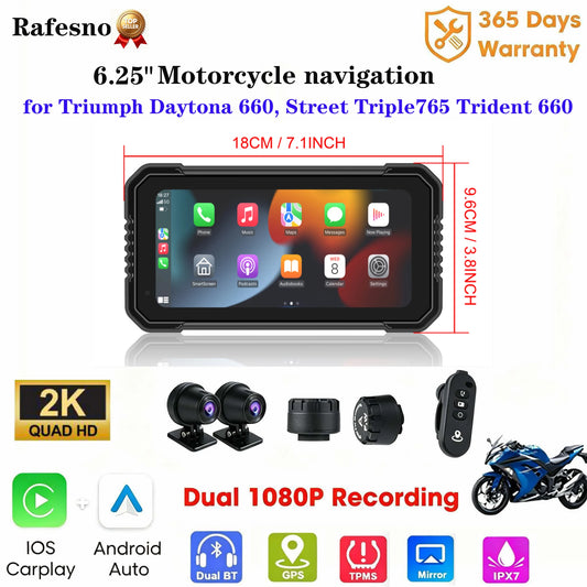 Navegação para Motocicleta à Prova d'Água IP67 de 6.25" para Triumph Daytona 660, Gravador de Vídeo 4K, Carplay Sem Fio, Android Auto, Monitor para Moto