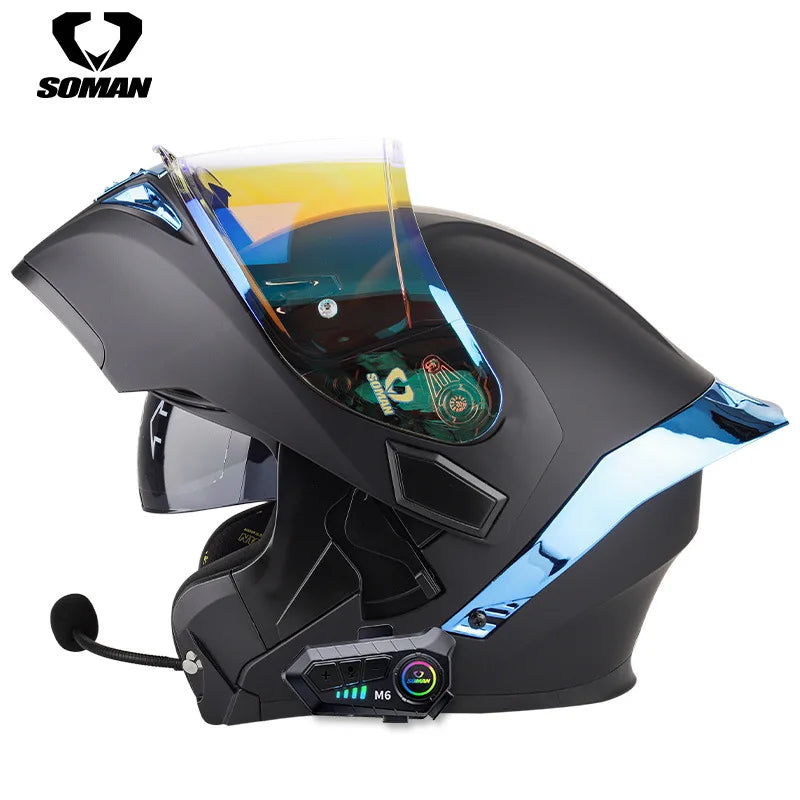 Soman flip up capacete da motocicleta rosto cheio dot capacete da motocicleta lente de viseira dupla corrida casco moto capacete bluetooth