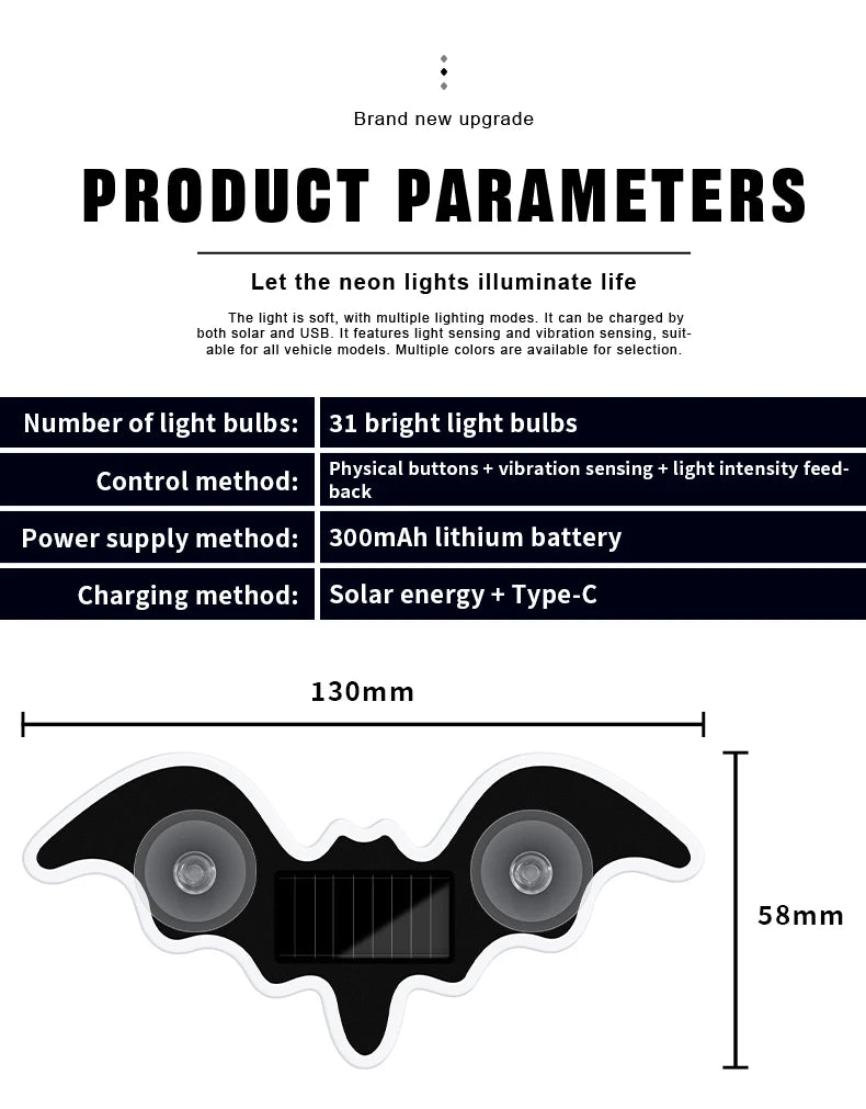 Luz Atmosférica Solar Universal em Forma de Morcego, LED Dinâmico com Gradiente, Acessório de Decoração para Interior de Carro RGB