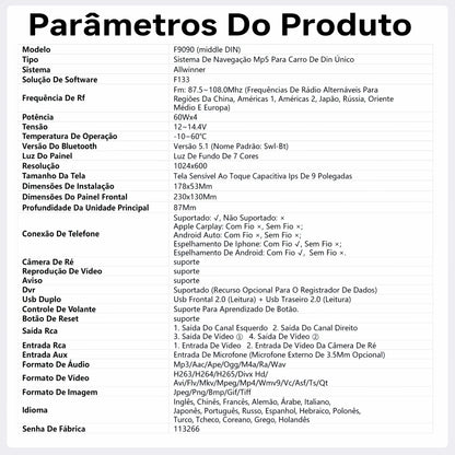 ESSGOO Rádio Estéreo Automotivo MP5 de 9 Polegadas 1 DIN com Bluetooth, Espelho Link, Receptor FM e Reprodutor Multimídia