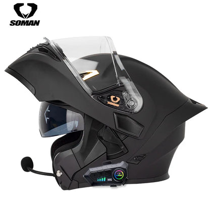Soman flip up capacete da motocicleta rosto cheio dot capacete da motocicleta lente de viseira dupla corrida casco moto capacete bluetooth