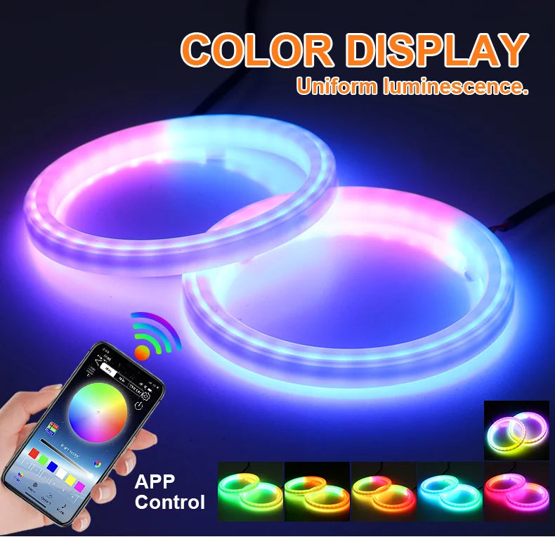 2PCS RGB Angel Eyes Halo Rings Lights with Turn Signal Lights APP Bluetooth LED Motorcycle Retrofit DRL Car Headlight 12V 24V