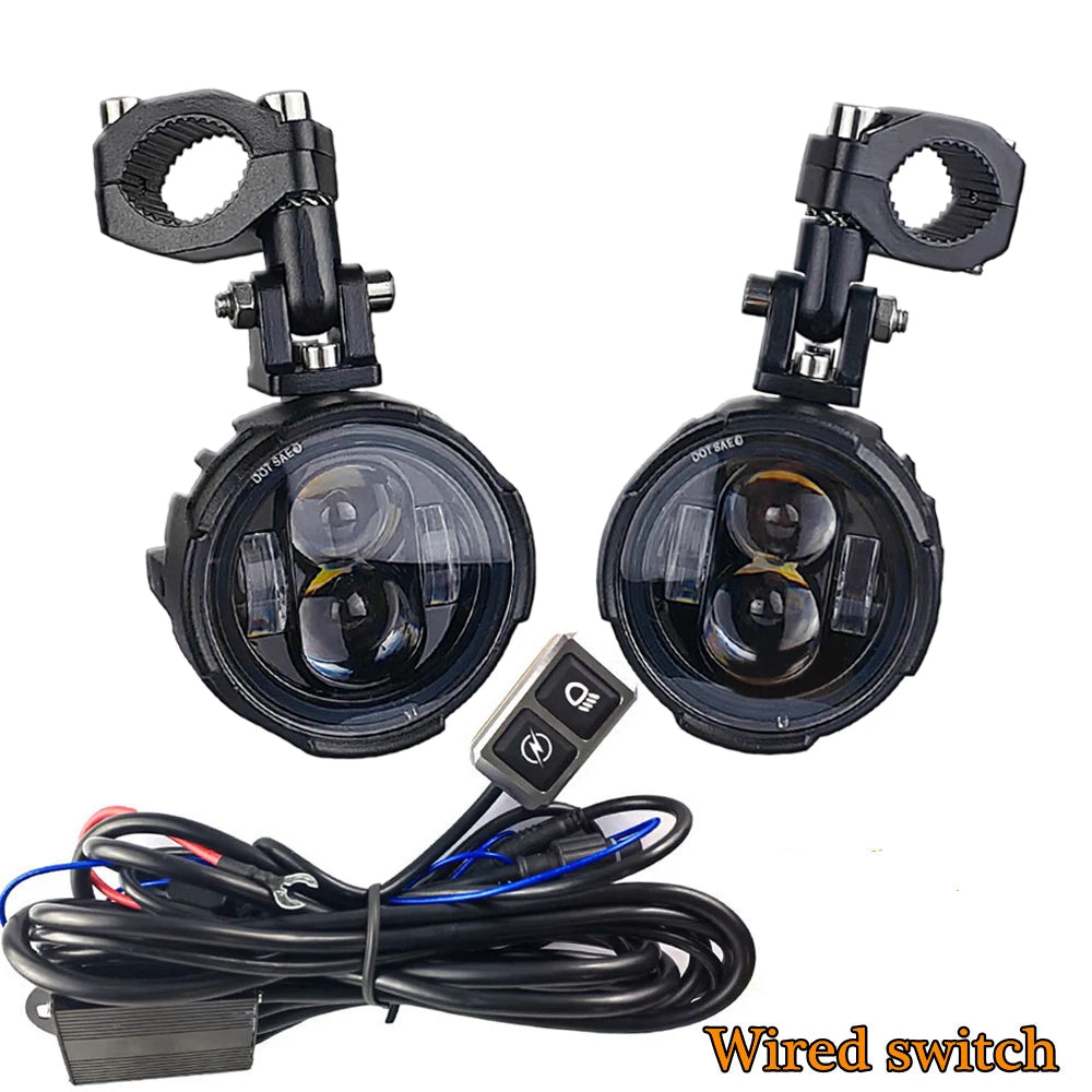 Par 100w farol da motocicleta luzes de nevoeiro led auxiliar luz condução farol dupla cor pisca farol moto nevoeiro lâmpada.