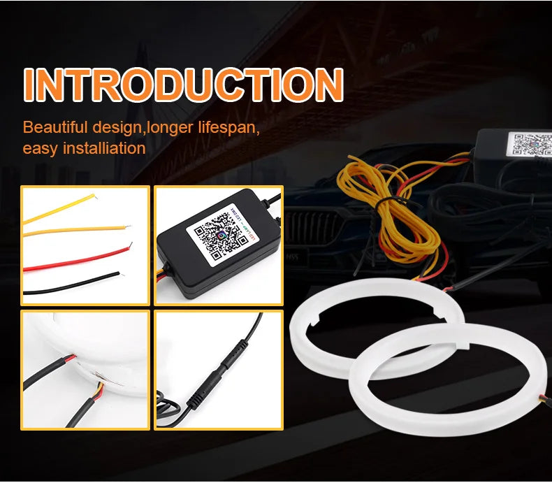 2PCS RGB Angel Eyes Halo Rings Lights with Turn Signal Lights APP Bluetooth LED Motorcycle Retrofit DRL Car Headlight 12V 24V