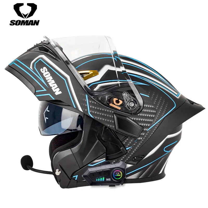 Soman flip up capacete da motocicleta rosto cheio dot capacete da motocicleta lente de viseira dupla corrida casco moto capacete bluetooth