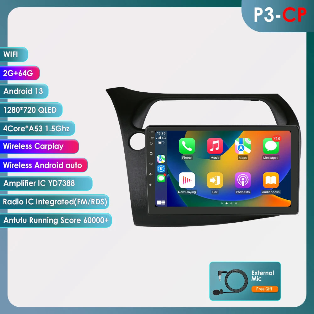 Hizpo Car Autoradio For Honda Civic Hatchback 2005 - 2011 Multimedia Player 2din Android Auto Carplay GPS Navigation 8+128G DSP