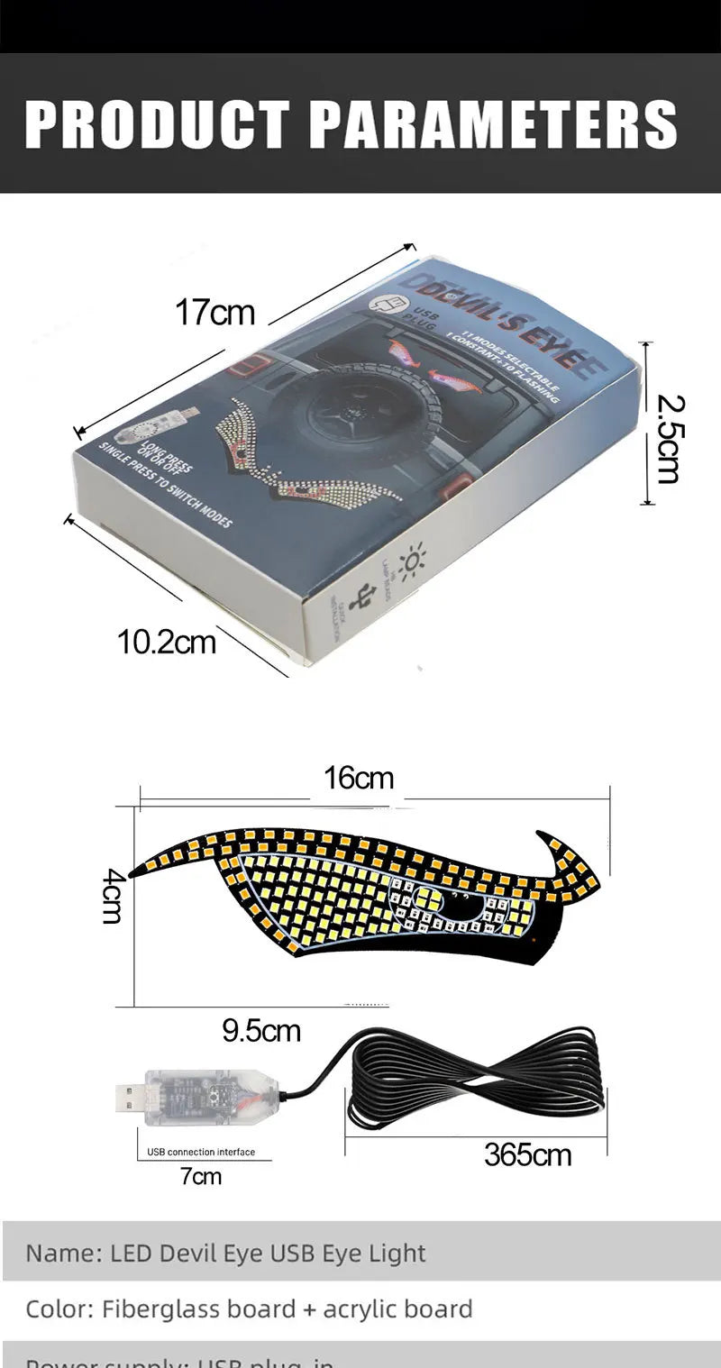 New Devil Eye Car LED Decorative Light Modified Kazilan Big Eye Light Personalized Decoration 11 Modes USB