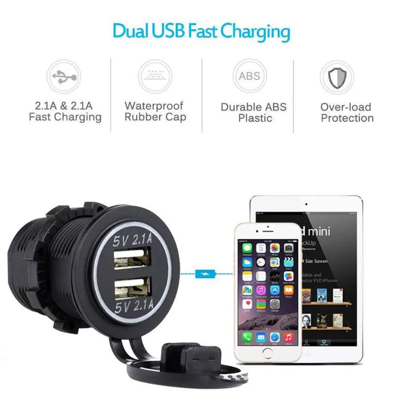 12/24V Dual USB Port Car Charger Motorcycle 5V 4.2A Charger Socket Waterproof Fast Quick Charge Adapter for Vehicle Boat Truck