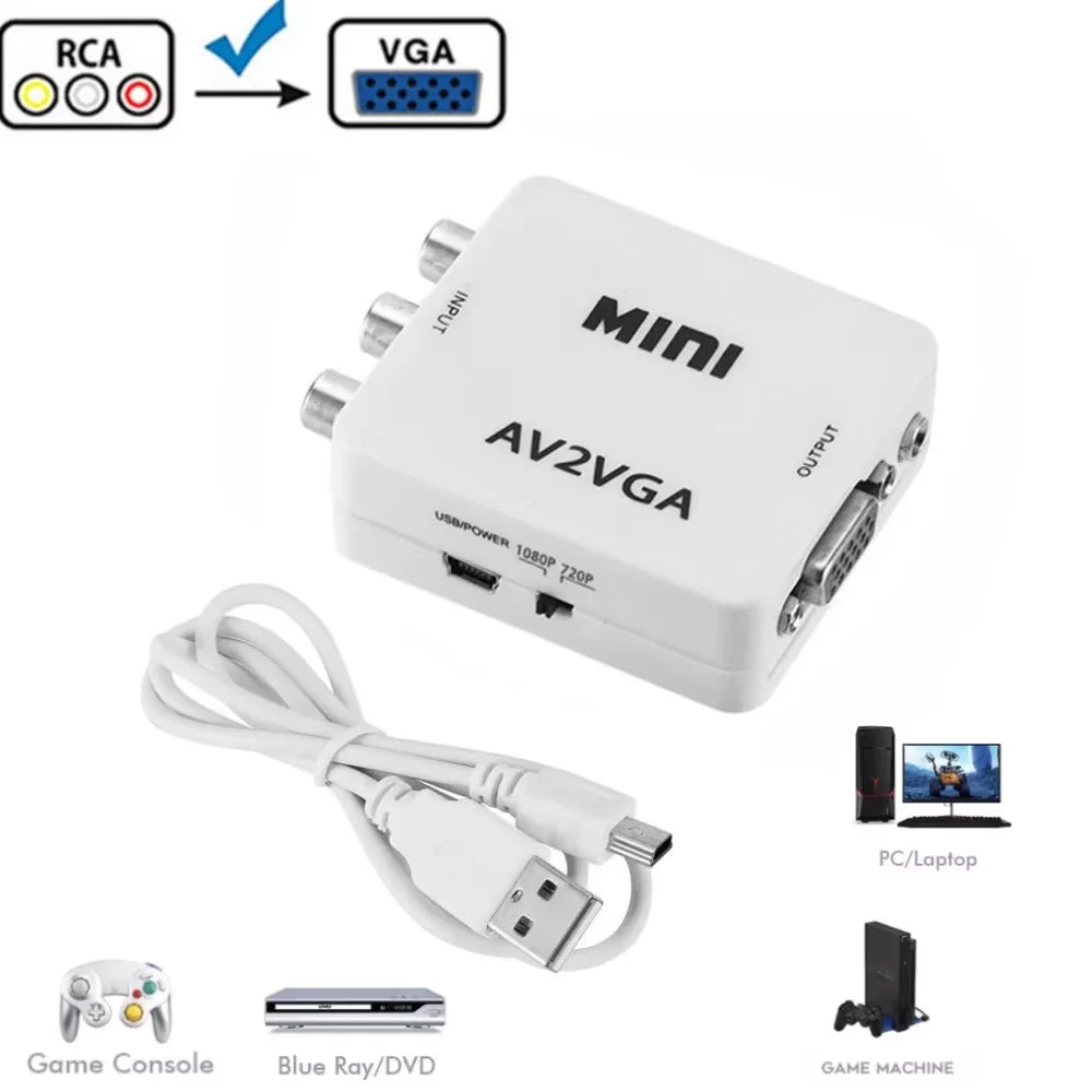 1080P Mini AV RCA CVBS to VGA Video Converter with 3.5mm Audio Supports PAL NTS Video Adapter for TV Set-Top Box Monitor PC