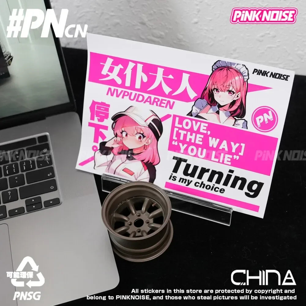 Adesivo de Vinil PVC à Prova d'Água com Tema de Anime e Carro, Estilo JDM, Personagem, Decoração para Janela de Carro, Motocicleta e E-Bike, Ruído Rosa
