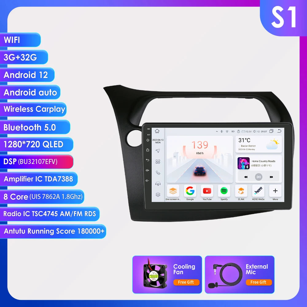 Hizpo Car Autoradio For Honda Civic Hatchback 2005 - 2011 Multimedia Player 2din Android Auto Carplay GPS Navigation 8+128G DSP