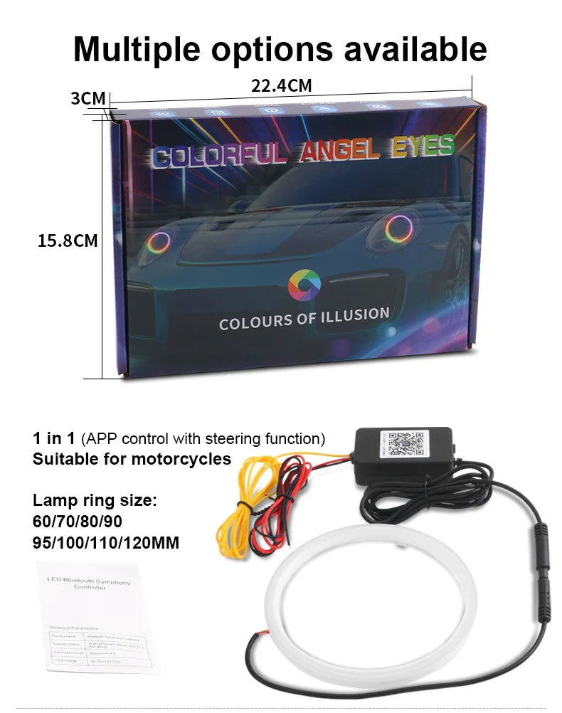 2PCS RGB Angel Eyes Halo Rings Lights with Turn Signal Lights APP Bluetooth LED Motorcycle Retrofit DRL Car Headlight 12V 24V
