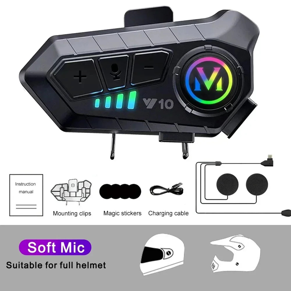 Fone de Ouvido Bluetooth 5.3 para Capacete de Moto Y10, Kit de Chamadas Sem Fio, Reprodutor de Música MP3 à Prova d'Água