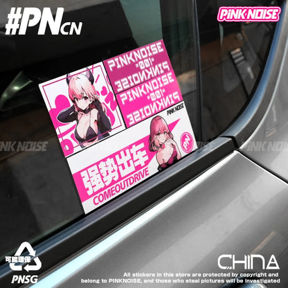 Adesivo de Vinil PVC à Prova d'Água com Tema de Anime e Carro, Estilo JDM, Personagem, Decoração para Janela de Carro, Motocicleta e E-Bike, Ruído Rosa