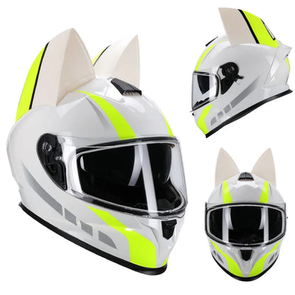 Dot capacete da motocicleta motocross segurança rosto cheio capacete branco rosa gato orelha capacete feminino motocicleta capacetes cascos para moto