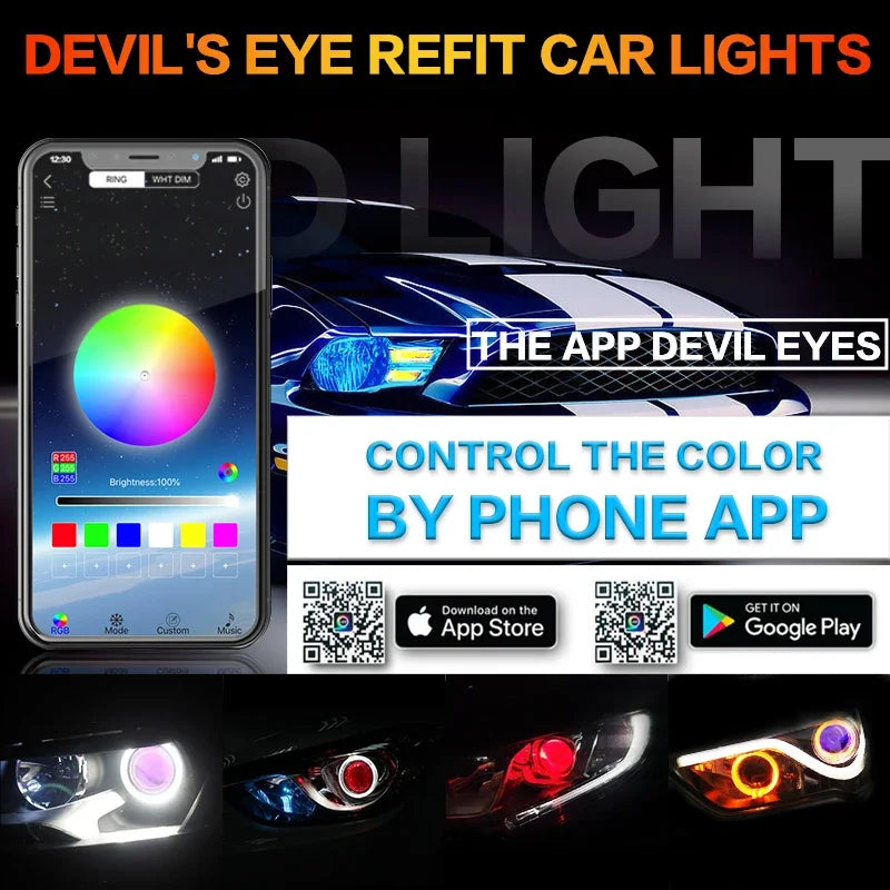 Car Led Devil Eye LED Bluetooth-compatible APP RGB Demon Evil Eyes DRL 2.5 Headlights Motorcycle Mini Projector Lens Accessories