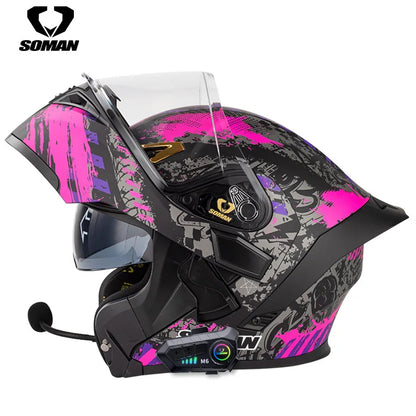 Soman flip up capacete da motocicleta rosto cheio dot capacete da motocicleta lente de viseira dupla corrida casco moto capacete bluetooth