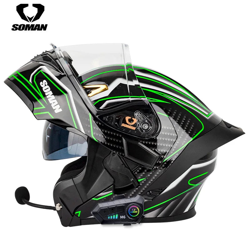 Soman flip up capacete da motocicleta rosto cheio dot capacete da motocicleta lente de viseira dupla corrida casco moto capacete bluetooth