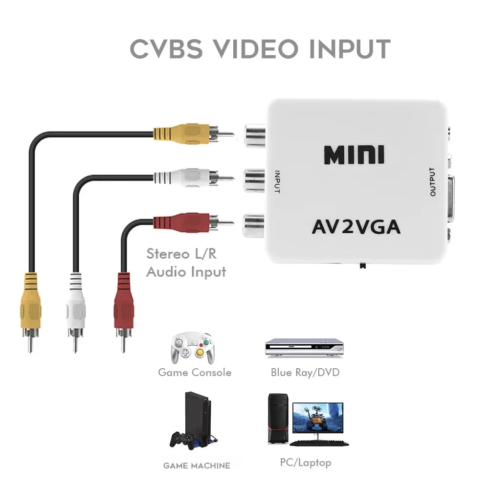 1080P Mini AV RCA CVBS to VGA Video Converter with 3.5mm Audio Supports PAL NTS Video Adapter for TV Set-Top Box Monitor PC