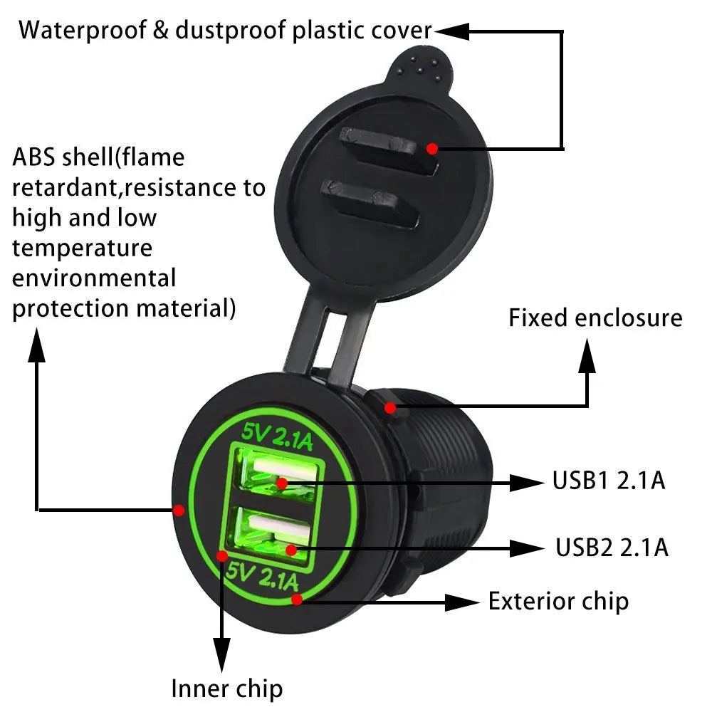 12/24V Dual USB Port Car Charger Motorcycle 5V 4.2A Charger Socket Waterproof Fast Quick Charge Adapter for Vehicle Boat Truck