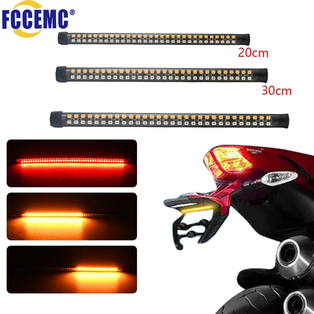 Faixa de luz traseira para motocicleta, led, amarelo, fluxo, luzes indicadoras únicas, lâmpada estroboscópica vermelha, barra de luz de aviso de freio, 12v