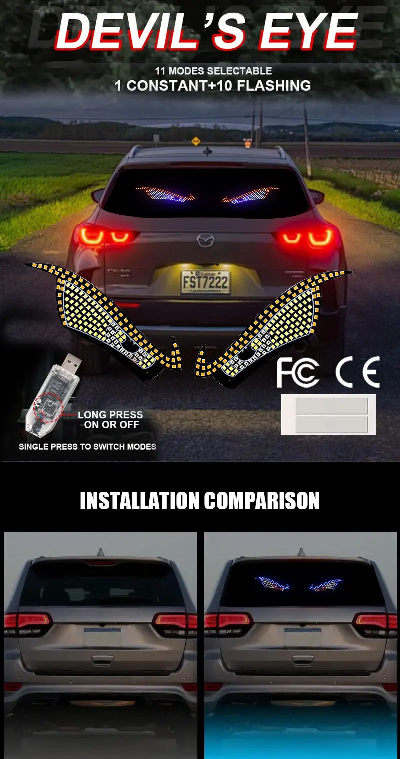 New Devil Eye Car LED Decorative Light Modified Kazilan Big Eye Light Personalized Decoration 11 Modes USB