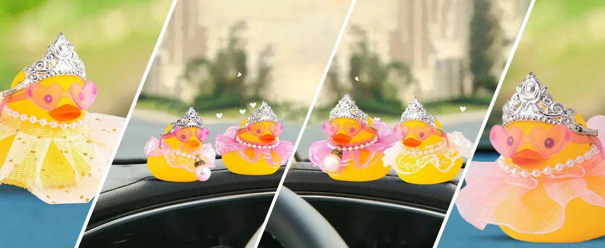 Decoração de painel de carro de pato de borracha, ornamento de carro de pato com coroa saia de renda rosa colar óculos para acessórios de carro fofos