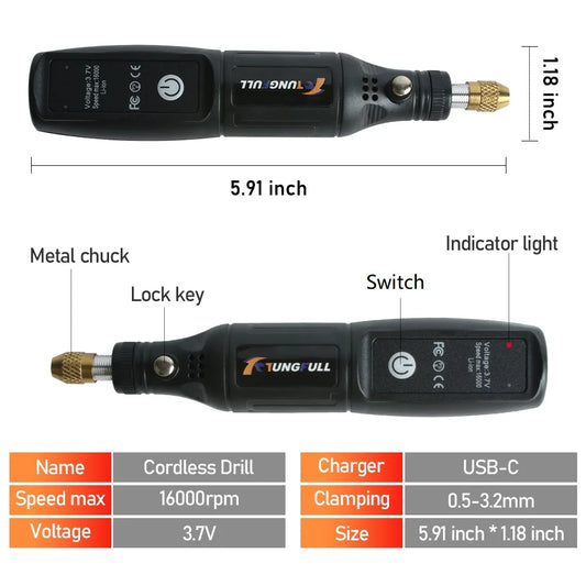Ferramenta rotativa mini sem fio, furadeira elétrica, caneta de gravação recarregável por USB, para uso manual, polimento, perfuração, entalhe e trabalhos de bricolagem.