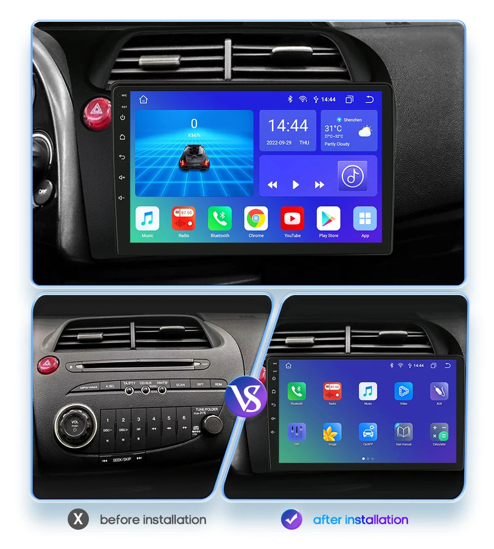 Hizpo Car Autoradio For Honda Civic Hatchback 2005 - 2011 Multimedia Player 2din Android Auto Carplay GPS Navigation 8+128G DSP