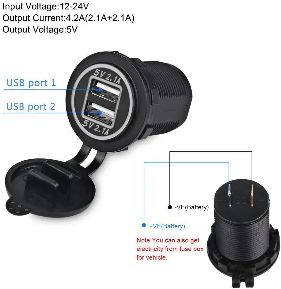 12/24V Dual USB Port Car Charger Motorcycle 5V 4.2A Charger Socket Waterproof Fast Quick Charge Adapter for Vehicle Boat Truck