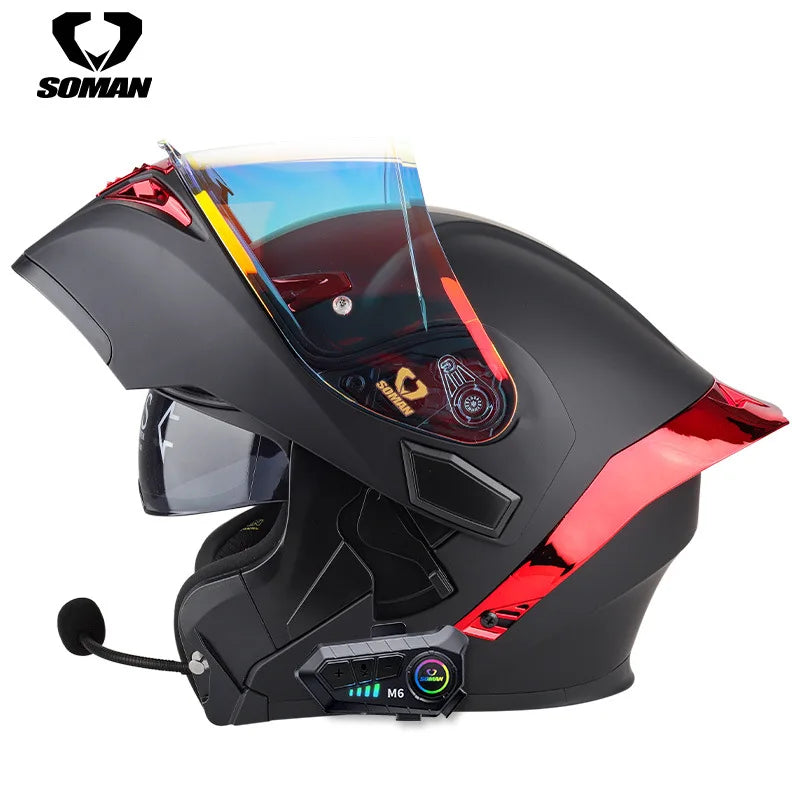 Soman flip up capacete da motocicleta rosto cheio dot capacete da motocicleta lente de viseira dupla corrida casco moto capacete bluetooth