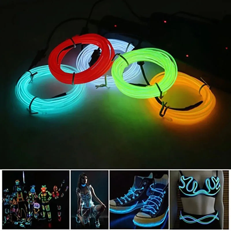 1m 3m 5m brilho el fio cabo de néon para festa de dança de natal trajes diy luz iluminada multicolorida aa bateria lâmpada tira led