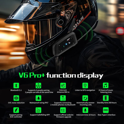 EJEAS V6 PRO +/PLUS Capacete de motocicleta Bluetooth Walkie Talkie 6 Rider Distância 800 metros à prova d'água IP67
