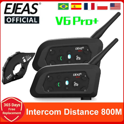 EJEAS V6 PRO +/PLUS Capacete de motocicleta Bluetooth Walkie Talkie 6 Rider Distância 800 metros à prova d'água IP67