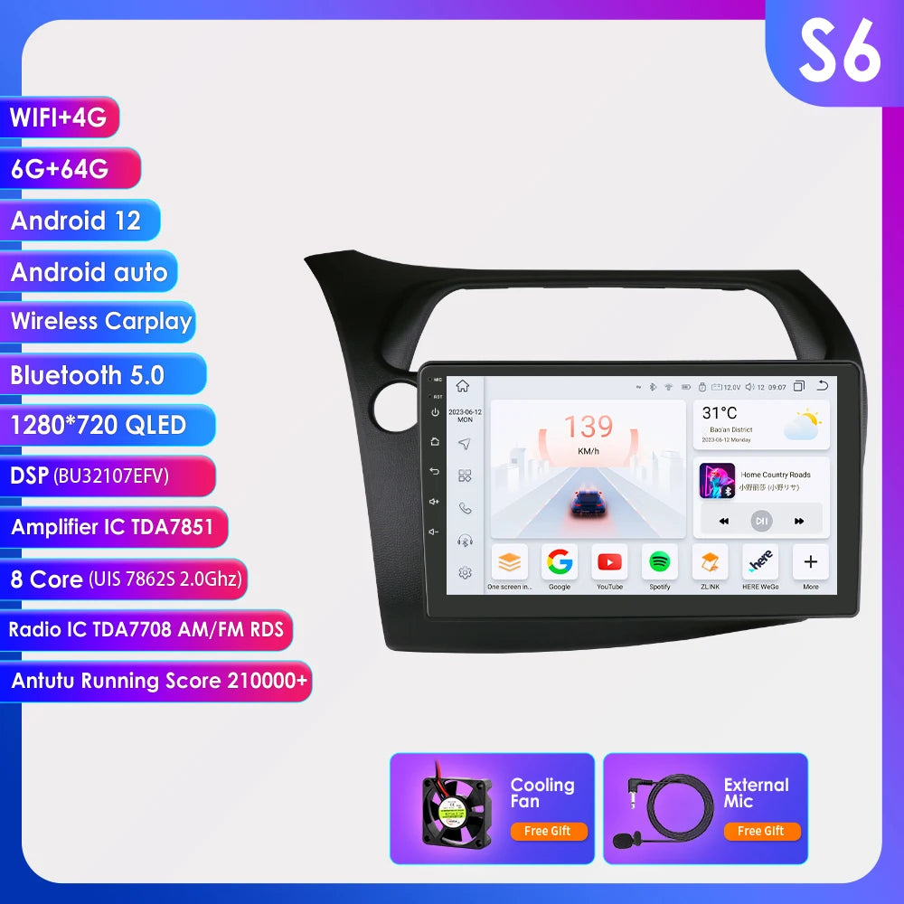 Hizpo Car Autoradio For Honda Civic Hatchback 2005 - 2011 Multimedia Player 2din Android Auto Carplay GPS Navigation 8+128G DSP