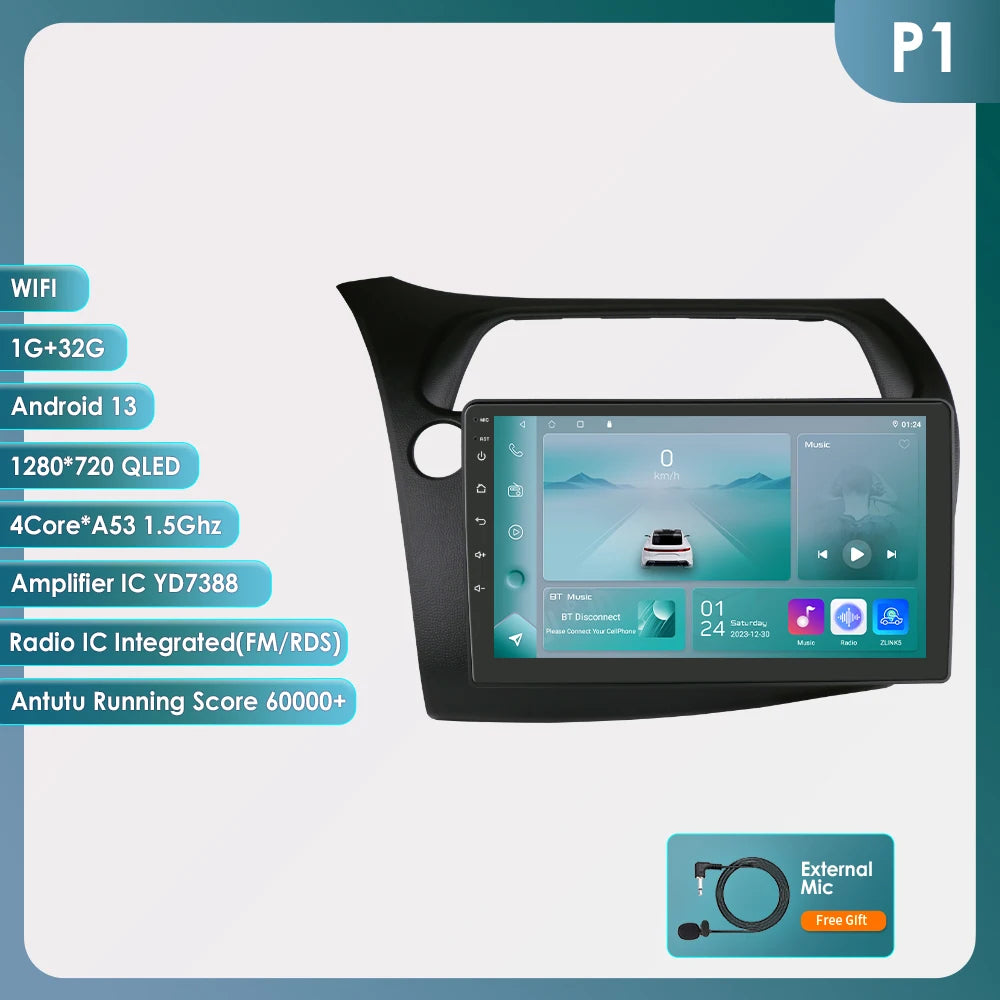 Hizpo Car Autoradio For Honda Civic Hatchback 2005 - 2011 Multimedia Player 2din Android Auto Carplay GPS Navigation 8+128G DSP
