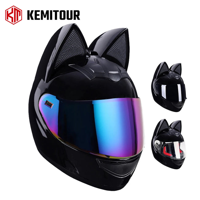 Capacete de motocicleta destacável, rosto inteiro, certificação dot, segurança, orelhas de gato, capacetes de moto para mulheres, respirável, forro macio e confortável