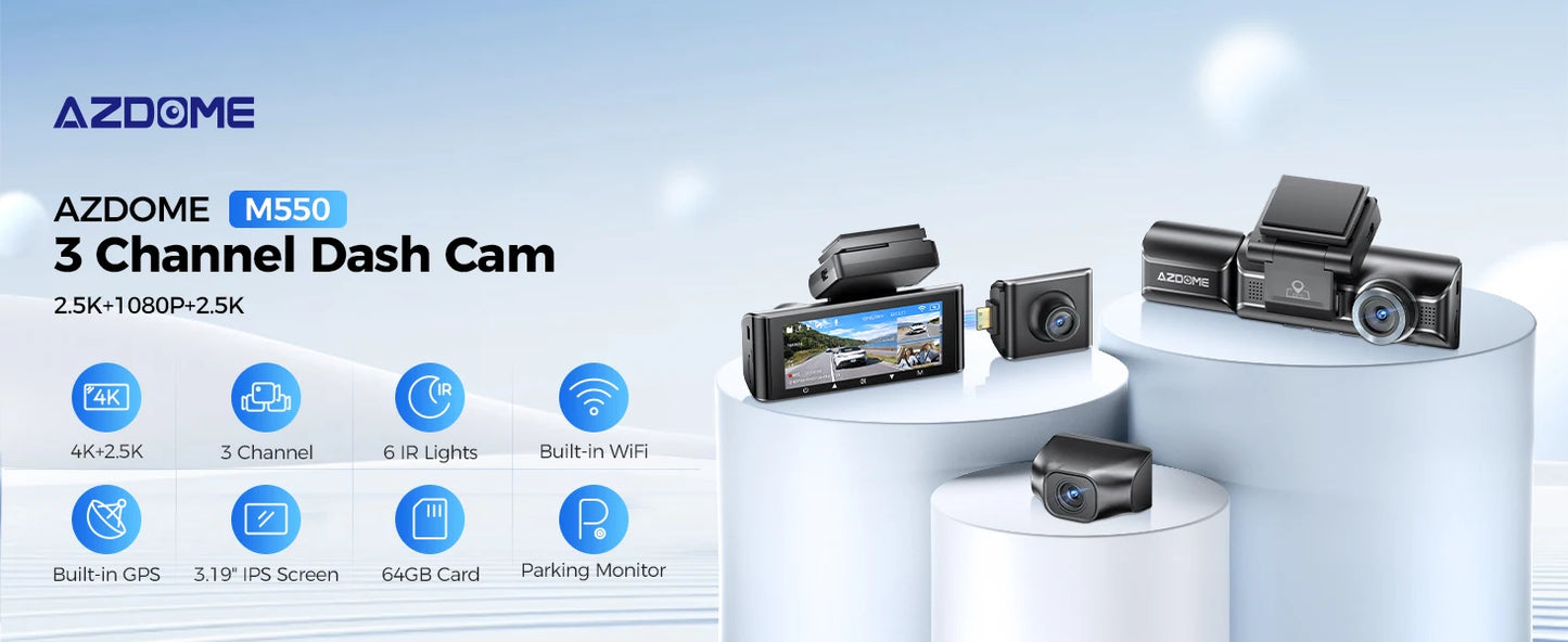 AZDOME M550 3 Channel Dash Cam 2.5K+1080P+2.5K WDR Car Dash Camera 3.19" IPS Screen Car DVR Built-in WiFi GPS IR Night Vision