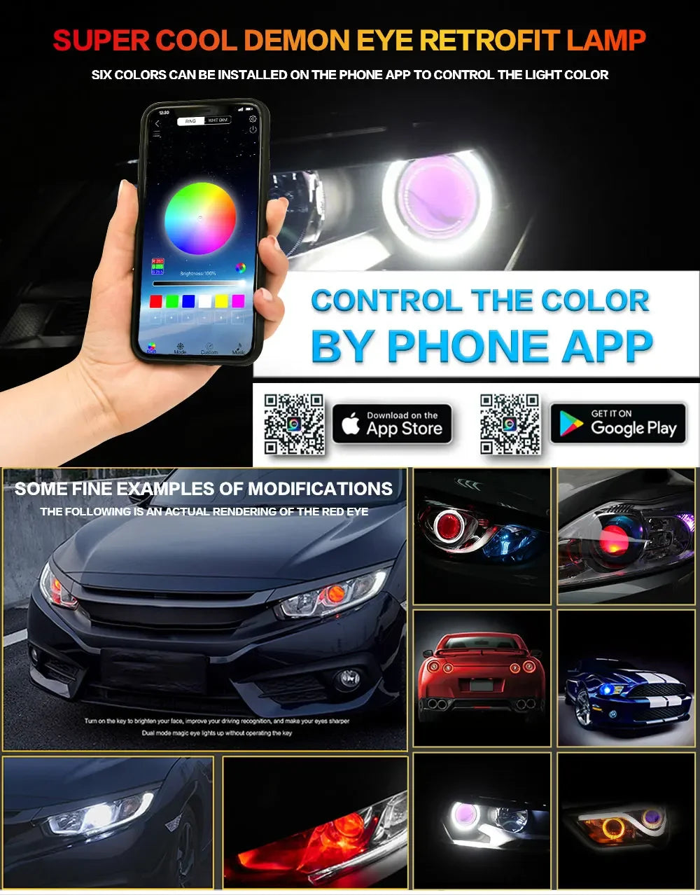Car Led Devil Eye LED Bluetooth-compatible APP RGB Demon Evil Eyes DRL 2.5 Headlights Motorcycle Mini Projector Lens Accessories