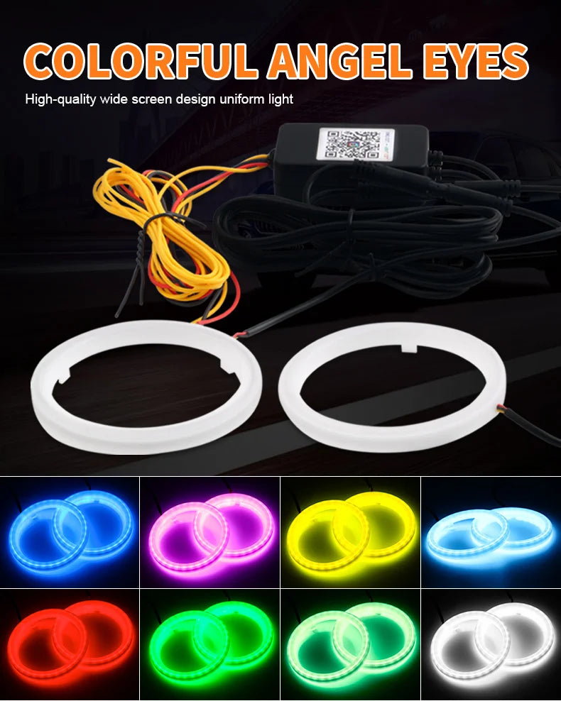 2PCS RGB Angel Eyes Halo Rings Lights with Turn Signal Lights APP Bluetooth LED Motorcycle Retrofit DRL Car Headlight 12V 24V