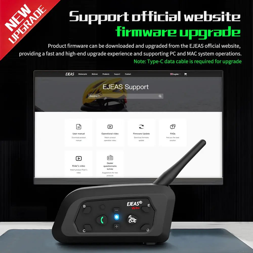 EJEAS V6 PRO +/PLUS Capacete de motocicleta Bluetooth Walkie Talkie 6 Rider Distância 800 metros à prova d'água IP67