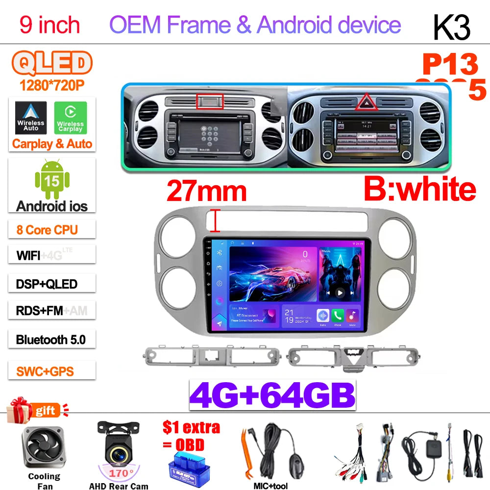 Android 15 For VW Volkswagen Tiguan 1 NF 2006 2008-2012 2013 2014 2015 2016 Carplay 2K Screen Car Radio Multimedia Player Stereo