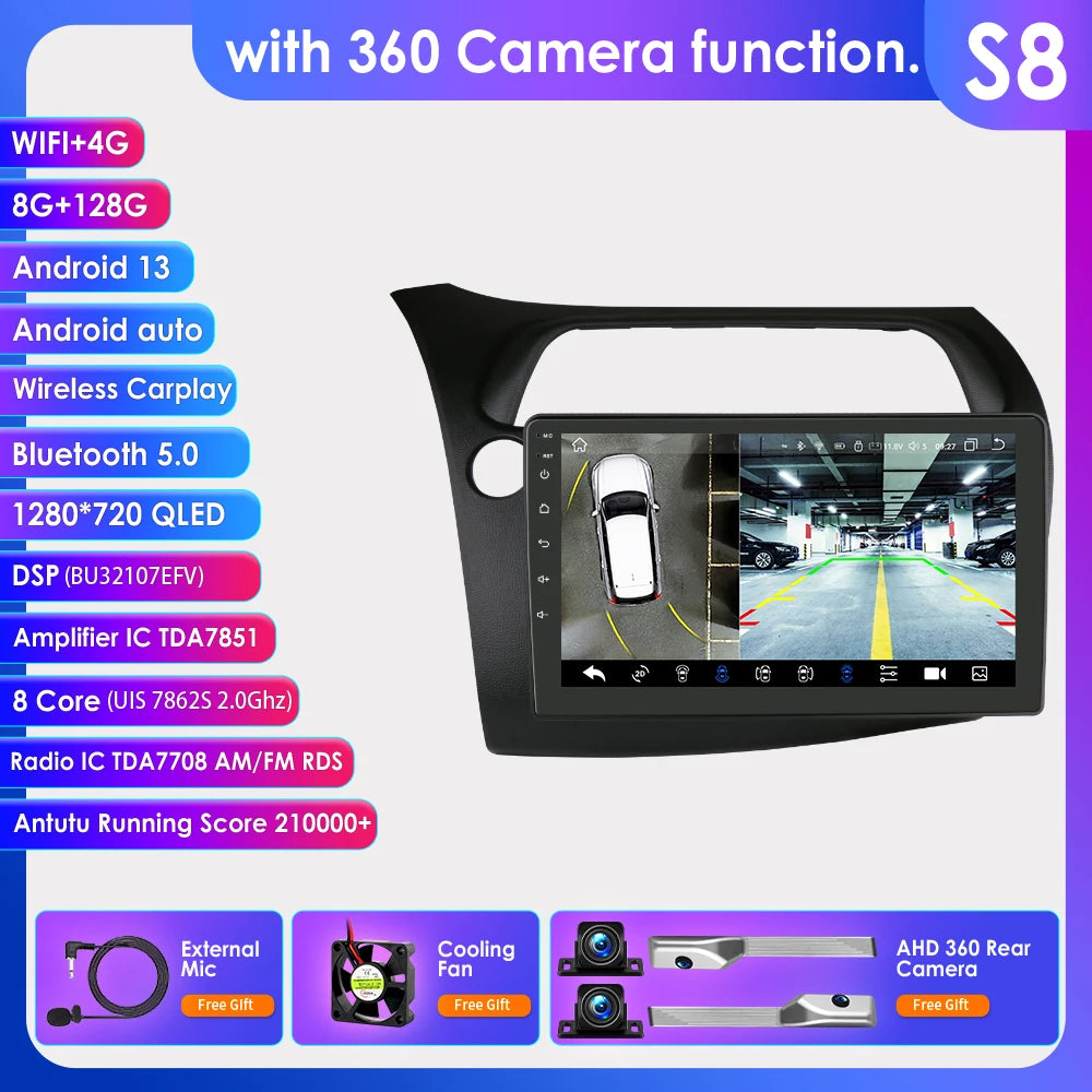 Hizpo Car Autoradio For Honda Civic Hatchback 2005 - 2011 Multimedia Player 2din Android Auto Carplay GPS Navigation 8+128G DSP