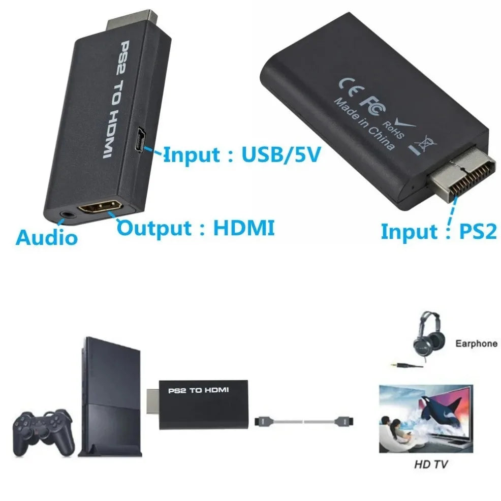 For PS2 to HDMI-compatible Converter Audio Video Adapter Full HD 480i/480p/576i with 3.5mm Audio Output for All PS2 Display Mode